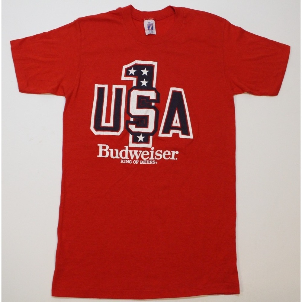 Vtg Budweiser Promo Spellout 90's Red T-shirt Logo 7 Med 38-40 USA Single Stitch